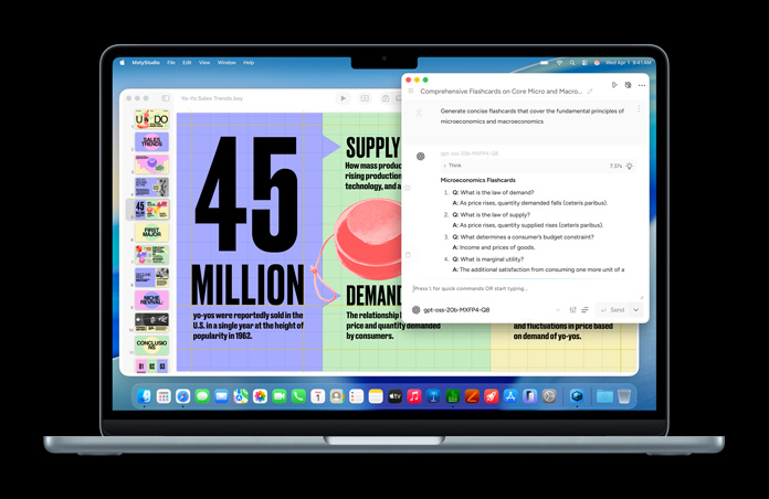 MacBook shows a Msty Studio screen featuring microeconomics flashcards, demonstrating on-device AI capabilities