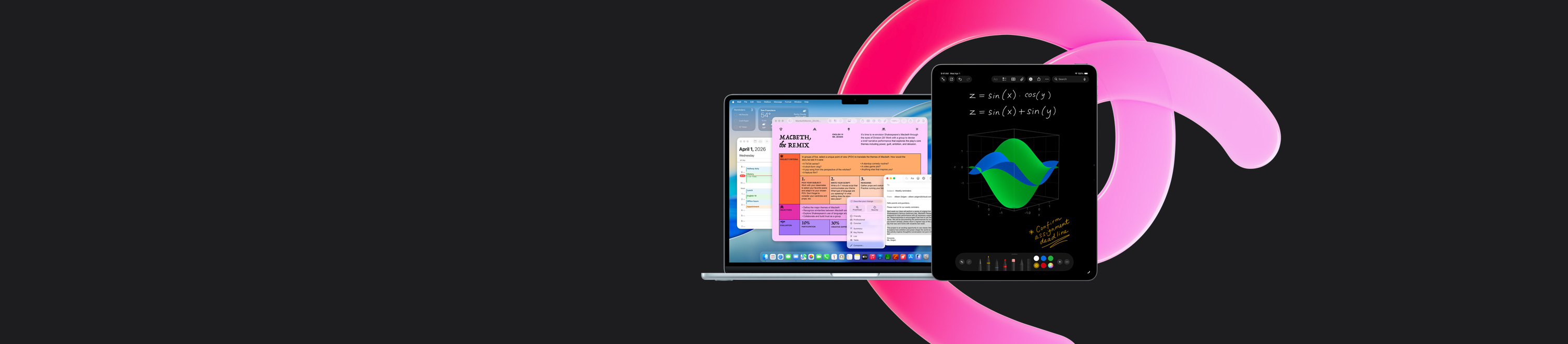 MacBook Air shows Pages, Calendar, Alert and Mail alongside an iPad that shows handwritten equations in Maths Notes, demonstrating productivity with built-in apps
