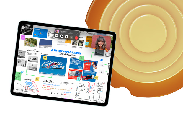 iPad 正面，顯示無邊記中的各種主題和塗鴉，包括「空氣動力學」和「滑雪飛行」