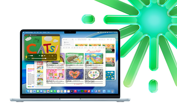 スカイブルーのMacBook。QuickTime、メモ、Keynote、写真アプリが表示されていて、複数のアプリを同時に使ったマルチタスク機能を紹介している