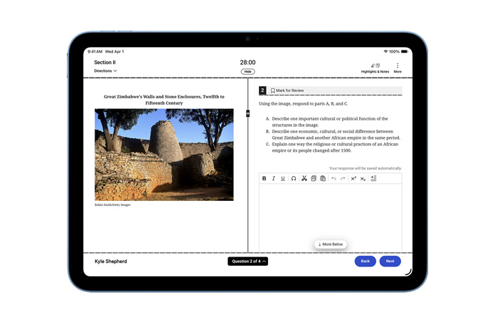 iPad showing exam in progress, emphasizing support for range of assessment tools