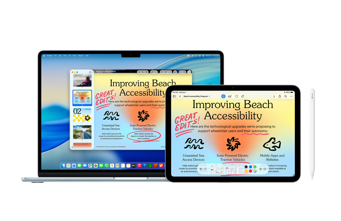 Mac and iPad show the same presentation with red Apple Pencil markups, demonstrating continuity across devices, with front view of Apple pencil