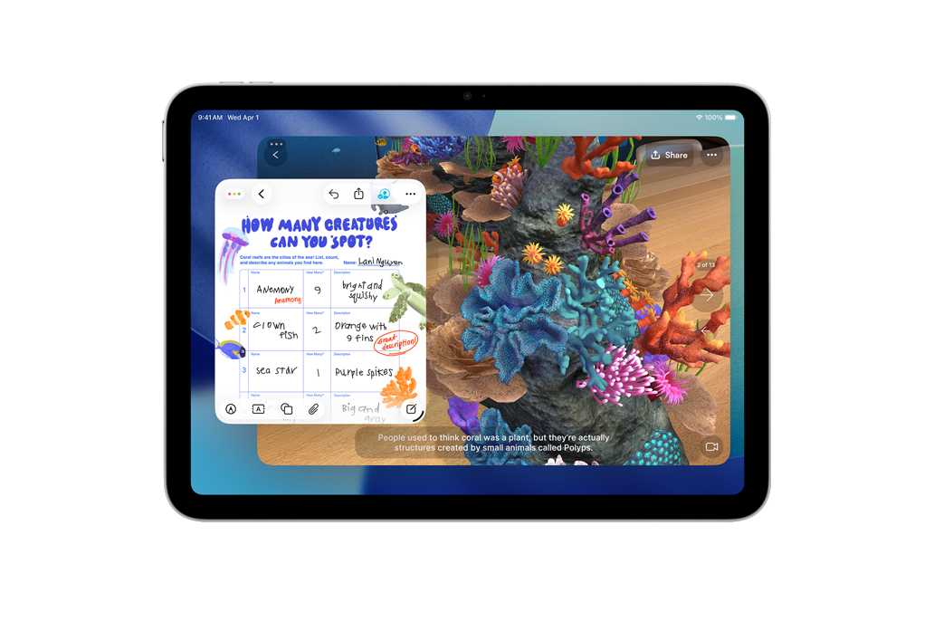 iPad, displaying a graphic aquarium scavenger hunt within Freeform and JigSpace, highlighting creative capabilities