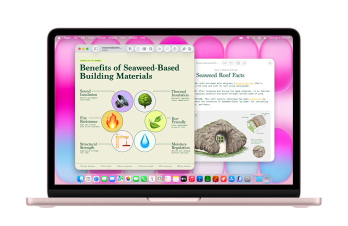 MacBook Neo with Pages and Notes apps open to seaweed roofing presentations, highlighting performance