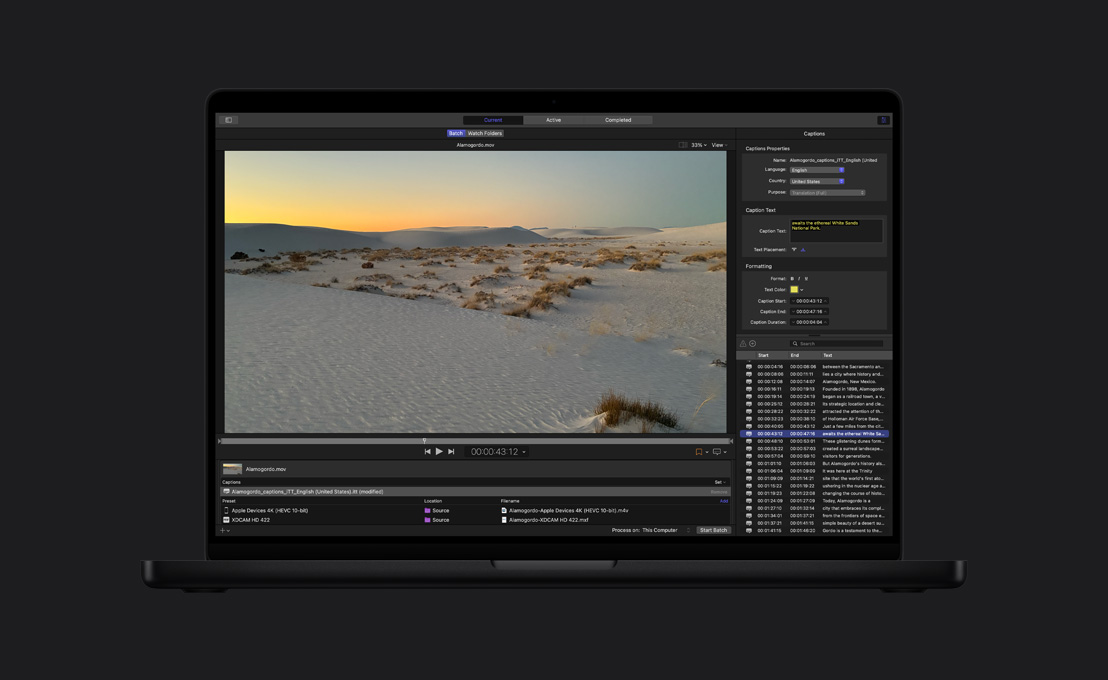 MacBook Pro 16, barren sand dunes, demo of Compressor export