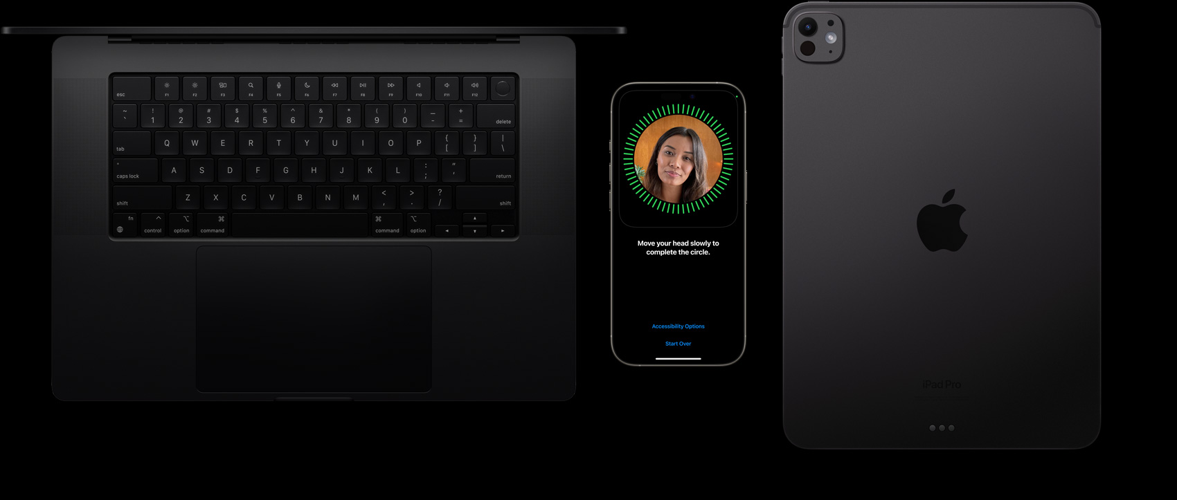 En MacBook i space black, en iPhone i naturligt titanium og en iPad i space black ved siden af hinanden, hvor man kan se en Face ID-opsætning på iPhone-skærmen