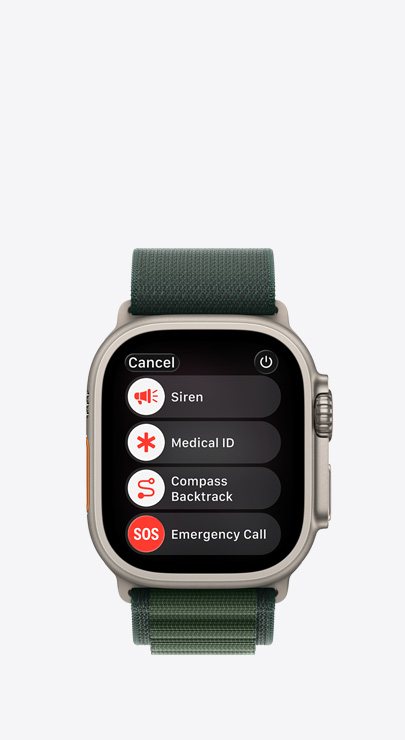 An Apple Watch with a list of emergency features: Siren, Medical ID, Compass Backtrack, and Emergency Call