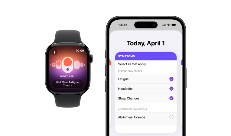 Apple Watch Series 10 fekete sportszíjjal, elölnézetből, a kijelzőjén a Cikluskövetés, a Menstruáció és a Tünetnaplózás jelenik meg, mellette egy iPhone 16 látható elölnézetből, amelynek a kijelzőjén a Cikluskövetés, a Tünetnaplózás és a Menstruáció jelenik meg