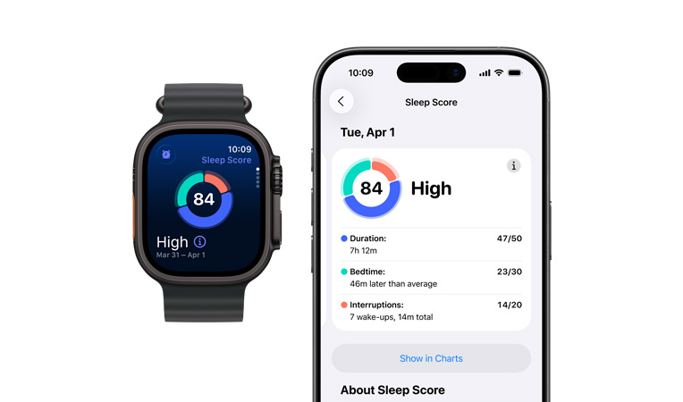 Apple Watch Series 11, rozéaranyszínű alumíniumtok, alvási pontszám kördiagramja és az érték besorolása, Digital Crown a tok jobb oldalán, lágy rózsaszín sportszíj, teljes alváselemzés megnyitva a párosított iPhone-on