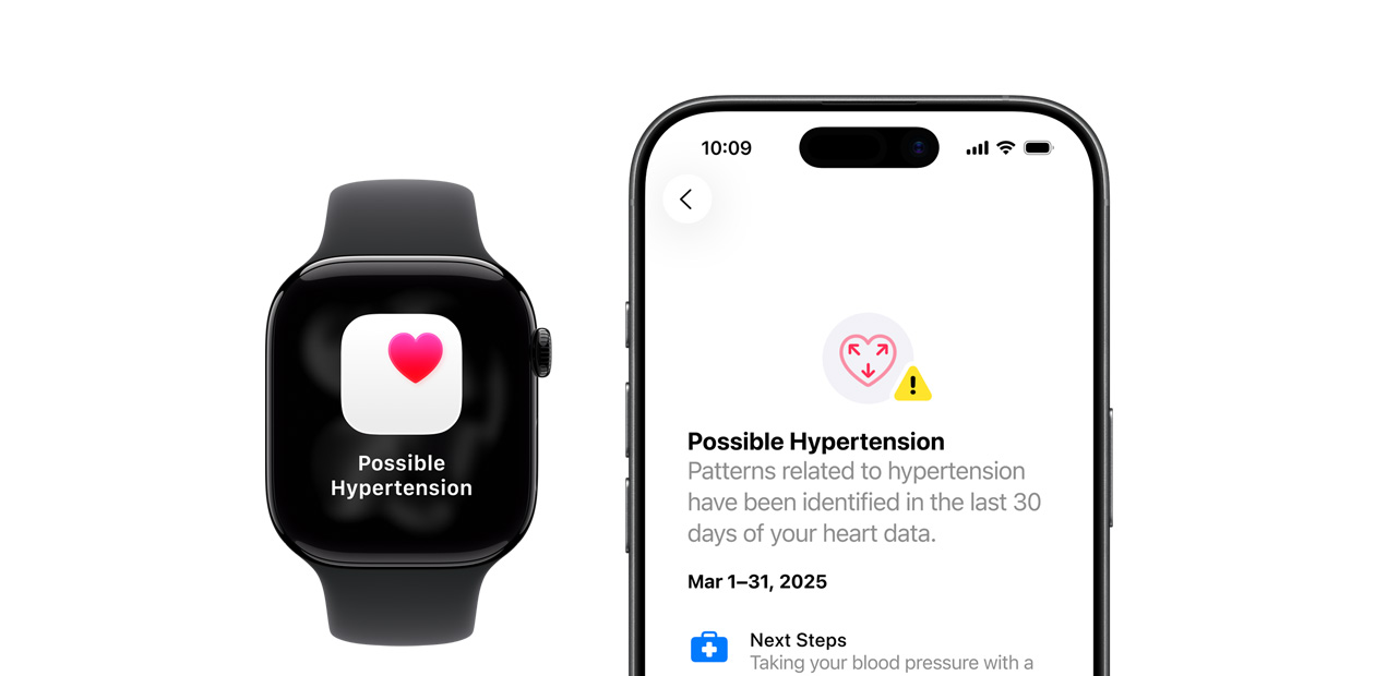 En Apple Watch og iPhone viser varslinger om mulig høyt blodtrykk.