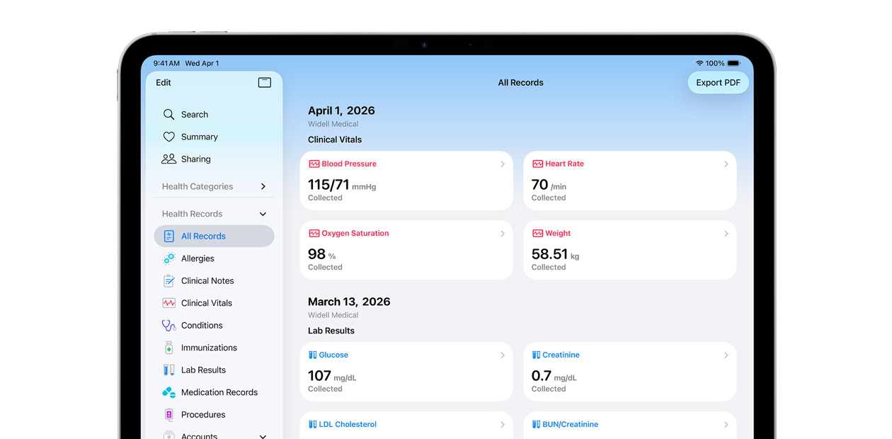 iPad software displaying the Apple Health app.