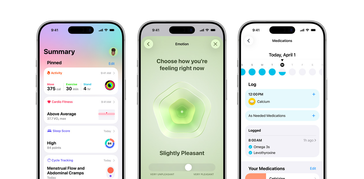 Three iPhones displaying the Apple Health app.