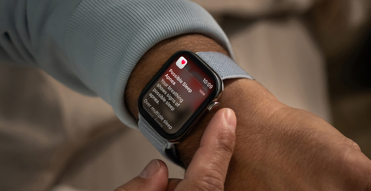 An Apple Watch displaying a notification for "Possible Sleep Apnea."