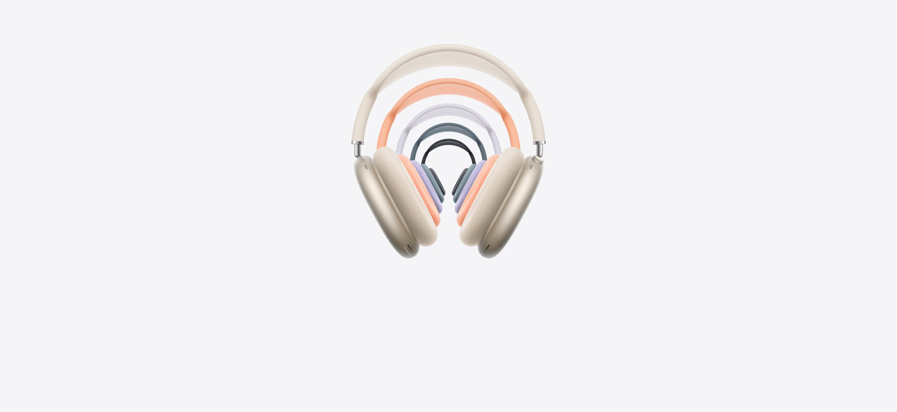 Căștile over-ear AirPods Max 2, vedere frontală, suprapuse, prezentate în diferite culori, partea superioară cu plasă și perne de spumă, Digital Crown și buton modul Ascultare.