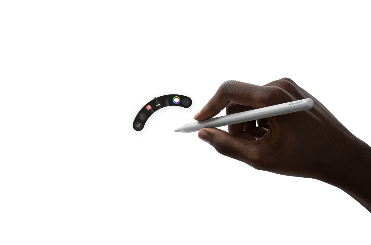 iPad Air, front exterior, a hand holding Apple Pencil Pro works on an illustration with written notes in Procreate