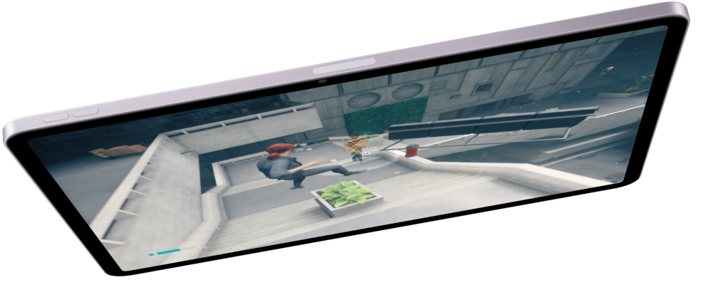 iPad Air in landscape orientation and displaying a video game, two other iPad Air models below