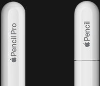 Apple Pencil Pro, side exterior, white color, rounded end cap engraved with Apple Pencil Pro, Apple Pencil (USB-C), side exterior, white color, rounded end cap engraved with Apple Pencil