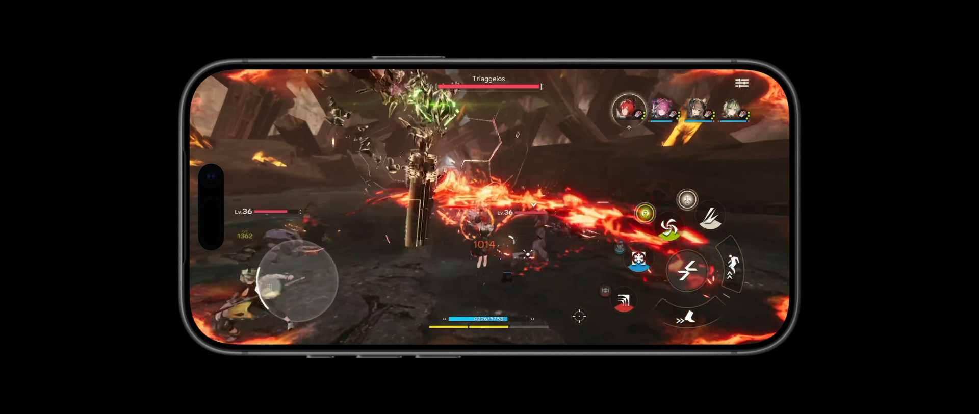 iPhone 17 Proの前面の外観。ビデオゲーム「アークナイツ：エンドフィールド」のワンシーンを使って、A19 Proチップのパフォーマンス性能を示している