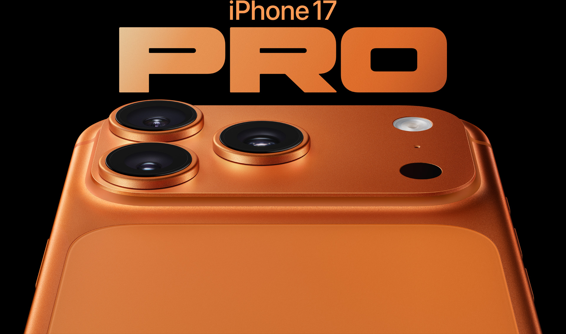 iPhone 17 Pro, naranja cósmico, vista parcial de la parte posterior, sistema de cámaras Pro Fusion en la esquina superior izquierda, 3 lentes, micrófono, flash