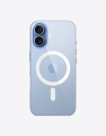 MagSafe형 투명 케이스를 씌웠으며, 왼쪽 상단에 Fusion 카메라 시스템이 보이는 iPhone 17의 뒷면