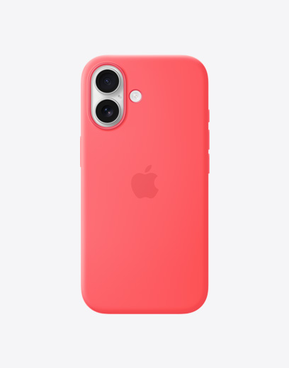브라이트 구아바 색상 실리콘 케이스를 씌운 iPhone 17의 뒷면. 왼쪽 상단에 듀얼 Fusion 카메라 시스템, 중앙에 Apple 로고가 보입니다.