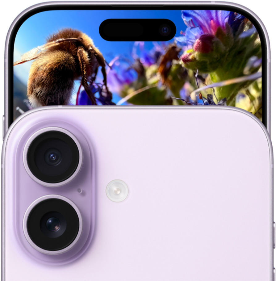 라벤더 색상 iPhone 17의 듀얼 Fusion 카메라 시스템이 보이는 앞면 그리고 뒷면. 
