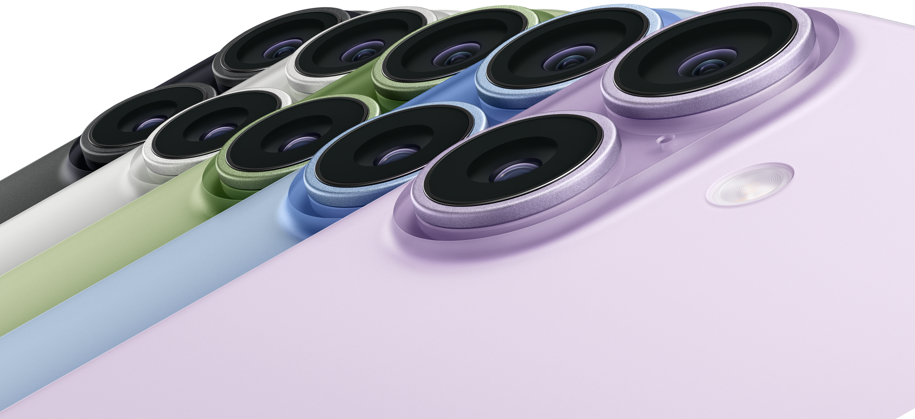 Five iPhone 17 devices, rear exterior, top left corner, Dual Fusion Camera System, colours: black, white, sage, mist blue, lavender