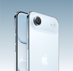 iPhone Air, Sky Blue colour, back angled exterior, Fusion camera system in plateau at top, Camera Control button, front side exterior all screen design, Action and volume buttons