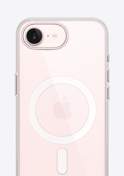 iPhone 17e, vỏ ngoài mặt sau, màu Hồng Phai, với Ốp Lưng Trong Suốt MagSafe, camera Fusion ở phía trên cùng, logo Apple ở giữa