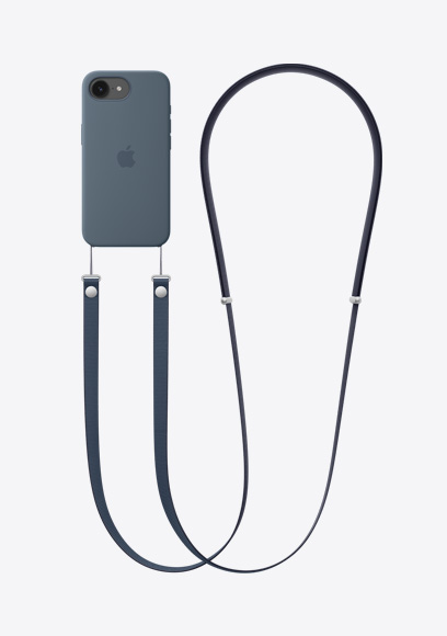 iPhone 17e, back exterior, black colour, Silicone Case with MagSafe in blue colour with Crossbody Strap in blue colour attached
