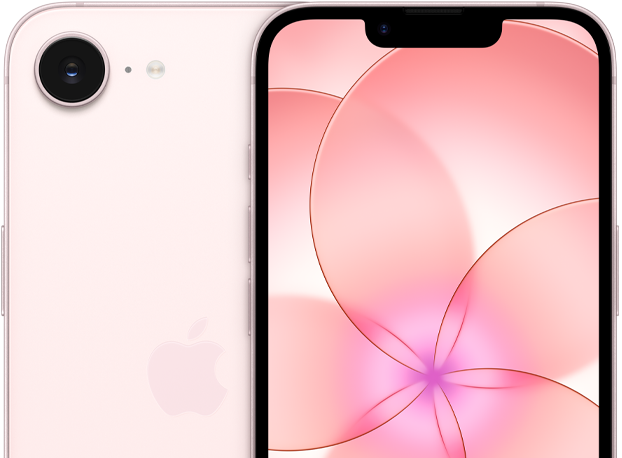 iPhone 17e, front exterior, soft pink colour, partial view of back exterior of iPhone 17e showing the camera