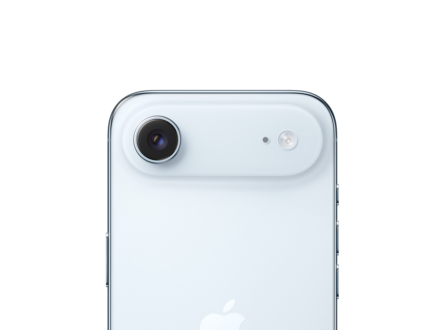 Égkék iPhone Air hátulnézetből, a Fusion fő kamerás rendszer kiemelkedő házával felül