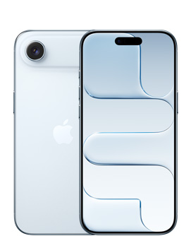 Égkék iPhone Air hátulnézetből, felül a Fusion kamerarendszerrel, középen pedig az Apple logójával. A készülék elölnézetből, égkék színben, felül középen a Dynamic Islanddel.