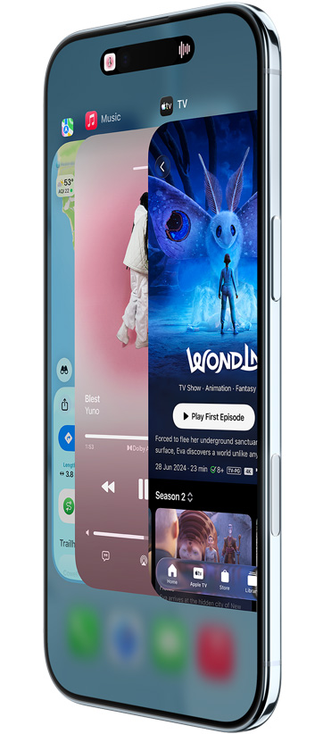 iPhone Air, front exterior, side exterior, with Maps, Music, and Apple TV+ apps, showcasing the App Switcher feature in use