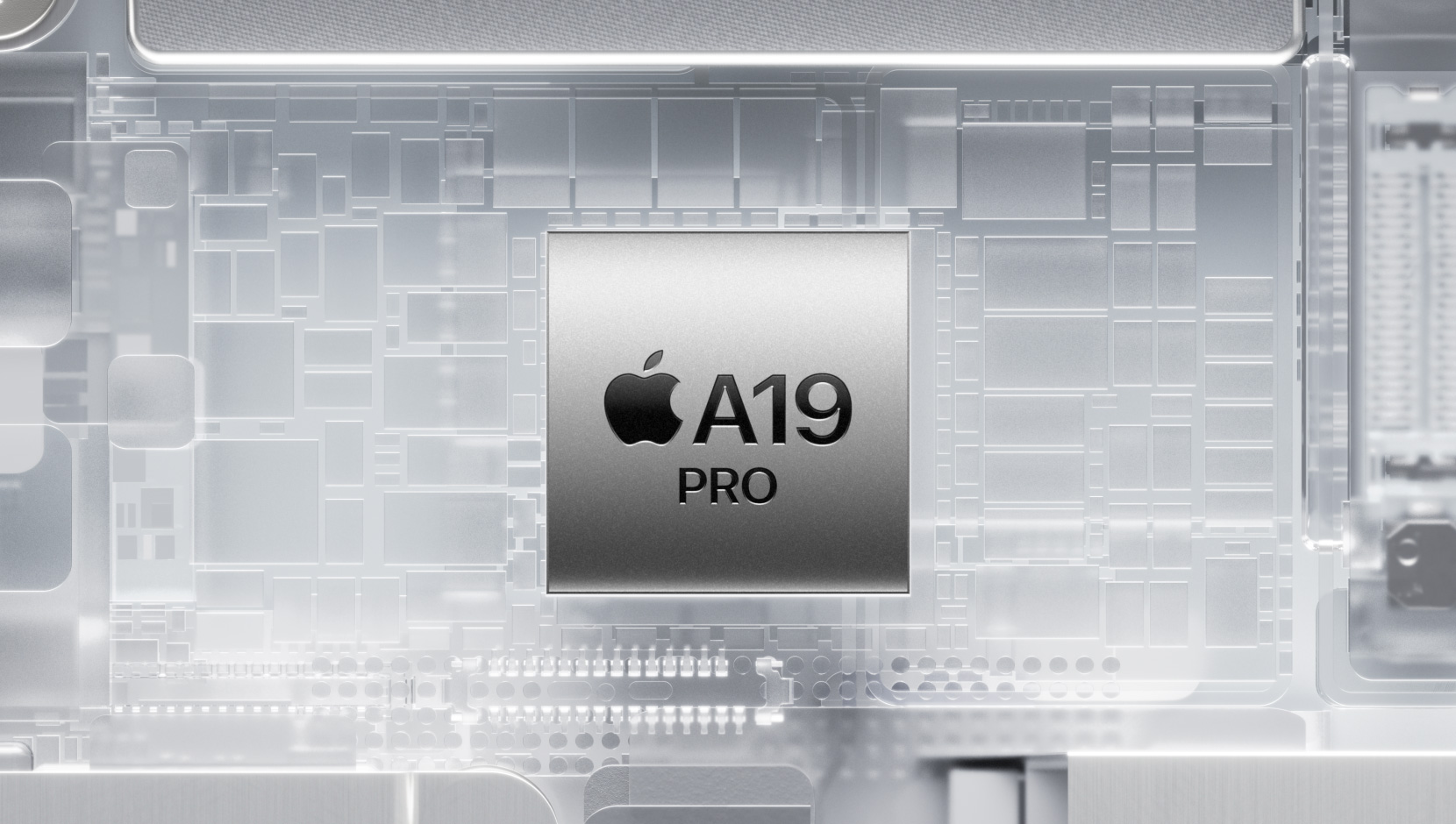 ชิป A19 Pro ล้อมรอบด้วยส่วนประกอบภายใน iPhone ที่เปล่งแสง