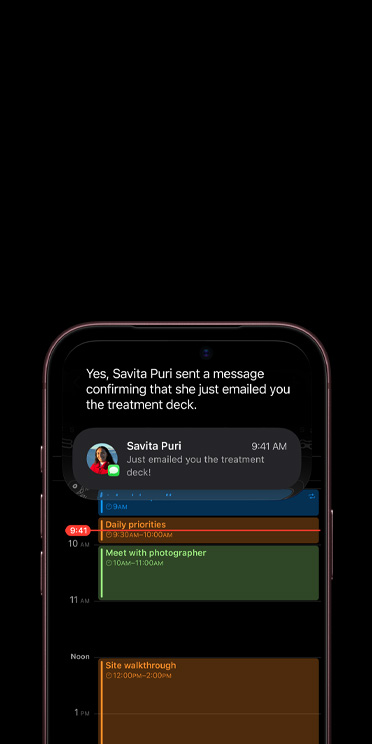iPhone 18 Pro, Burgundy color, partial front exterior, display screen shows conversation with Siri AI using Apple Intelligence, calendar app displayed below an iMessage about a deck treatment