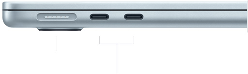 صورة للجهة اليسرى من جهاز MacBook Air وهو مغلق، تعرض منفذ MagSafe مع اثنين من منافذ ثندربولت