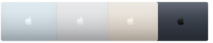 4가지 다른 마감을 보여주는 MacBook Air 모델 4개의 외관