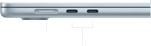 MagSafe 포트와 2개의 Thunderbolt 포트를 볼 수 있도록, 닫혀 있는 MacBook Air를 왼쪽 옆에서 바라본 모습