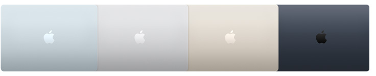 4가지 다른 마감을 보여주는 MacBook Air 모델 4개의 외관