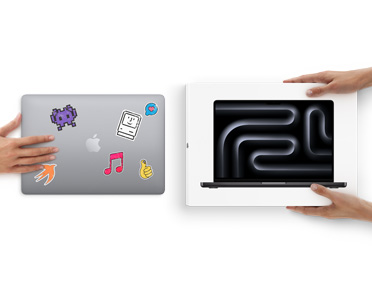 A hand slides a MacBook with stickers on the cover toward two hands holding a new MacBook in the box