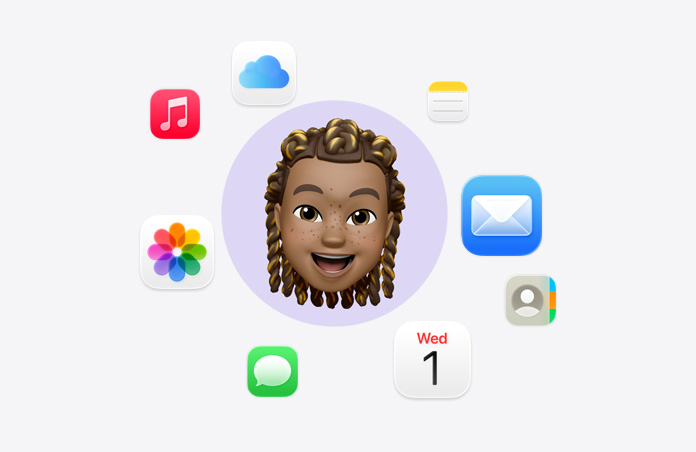 Emoji of smiling face surrounded by various app icons: Music, iCloud Drive, Notes, Mail, Contacts, Calendar, Messages, and Photos