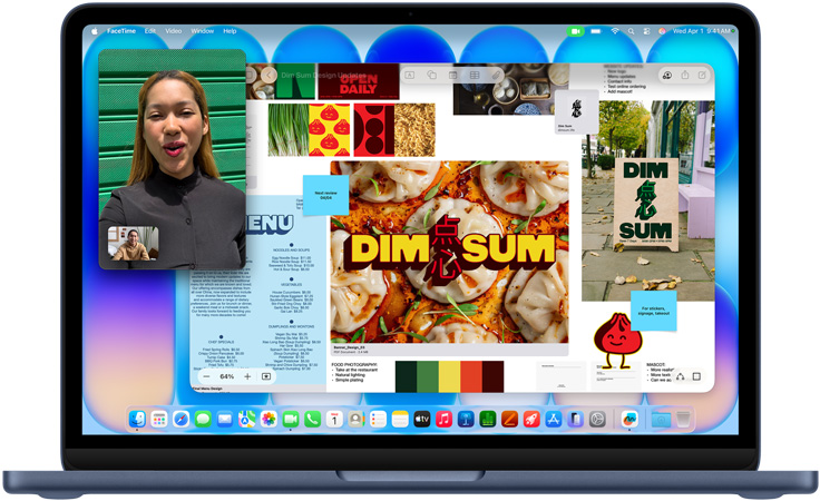 MacBook Neo, indigo color, video call in progress, Freeform window with a menu, food photography, and illustrations for a dim sum restaurant