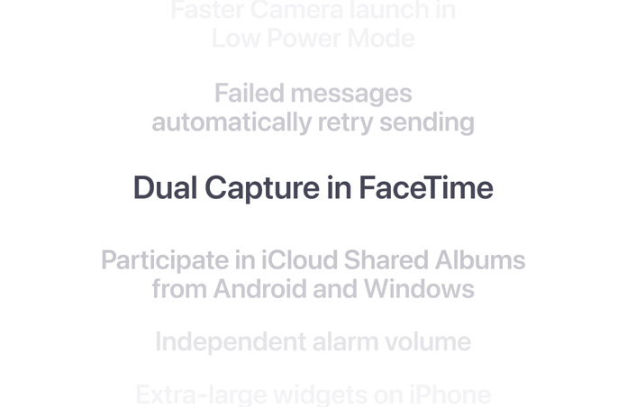 A vertical list of features, with “Dual Capture in FaceTime” displayed in bold at the center. Surrounding features fade into the background above and below.