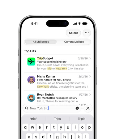 iPhone 17 Pro, Silver, front screen showing selection of emails retrieved from search term New York trip