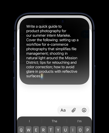 iPhone screen showing detailed typed prompt for Write with Siri to create a draft