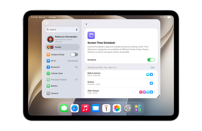 iPad Pro 11, Silver, screen shows Time Allowance and Screen Time Schedule options in Settings to allow time and media categories for their child