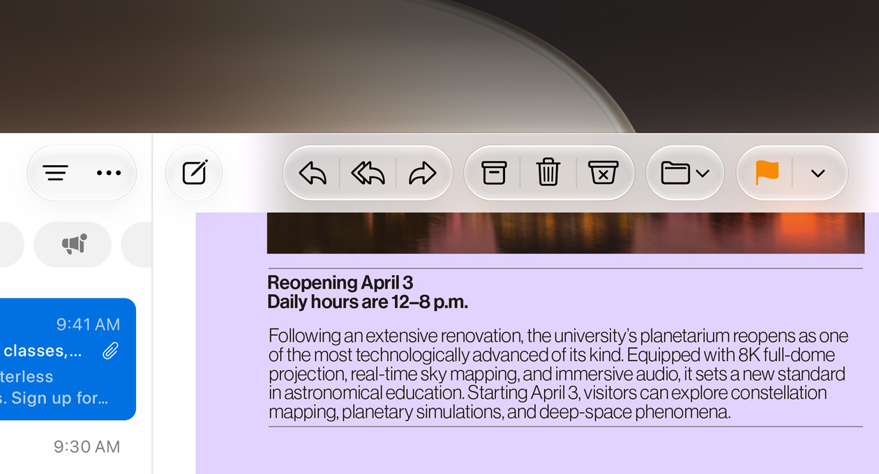 Closeup of Mail app, a university newsletter's text and the Mail app's buttons are incredibly clear and appear to have unique texture