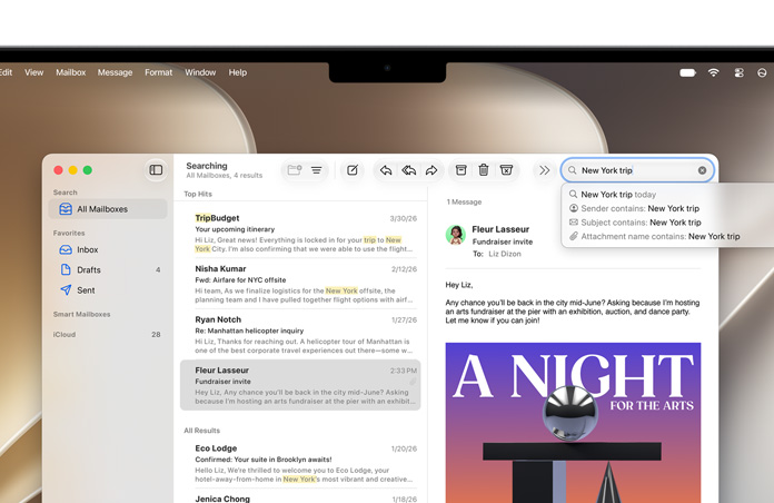 Mail app open on a MacBook screen, emails regarding a New York trip are listed, words New, York, and trip highlighted in yellow where they appear in each email