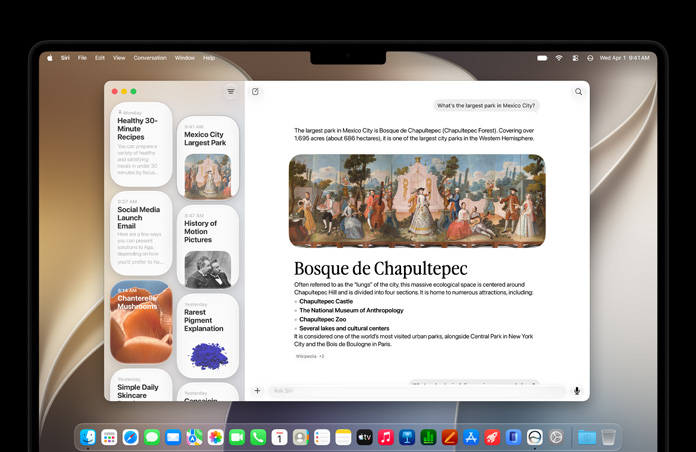 14-inch MacBook Pro in Space Black, screen shows Siri app displaying an active Siri AI conversation and previous conversations in sidebar.